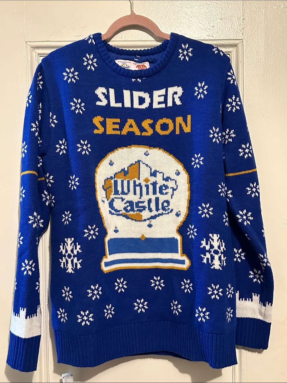Ugly Sweater Men’s White Castle Slider Season Blue Holiday Sweater. Size Large.
